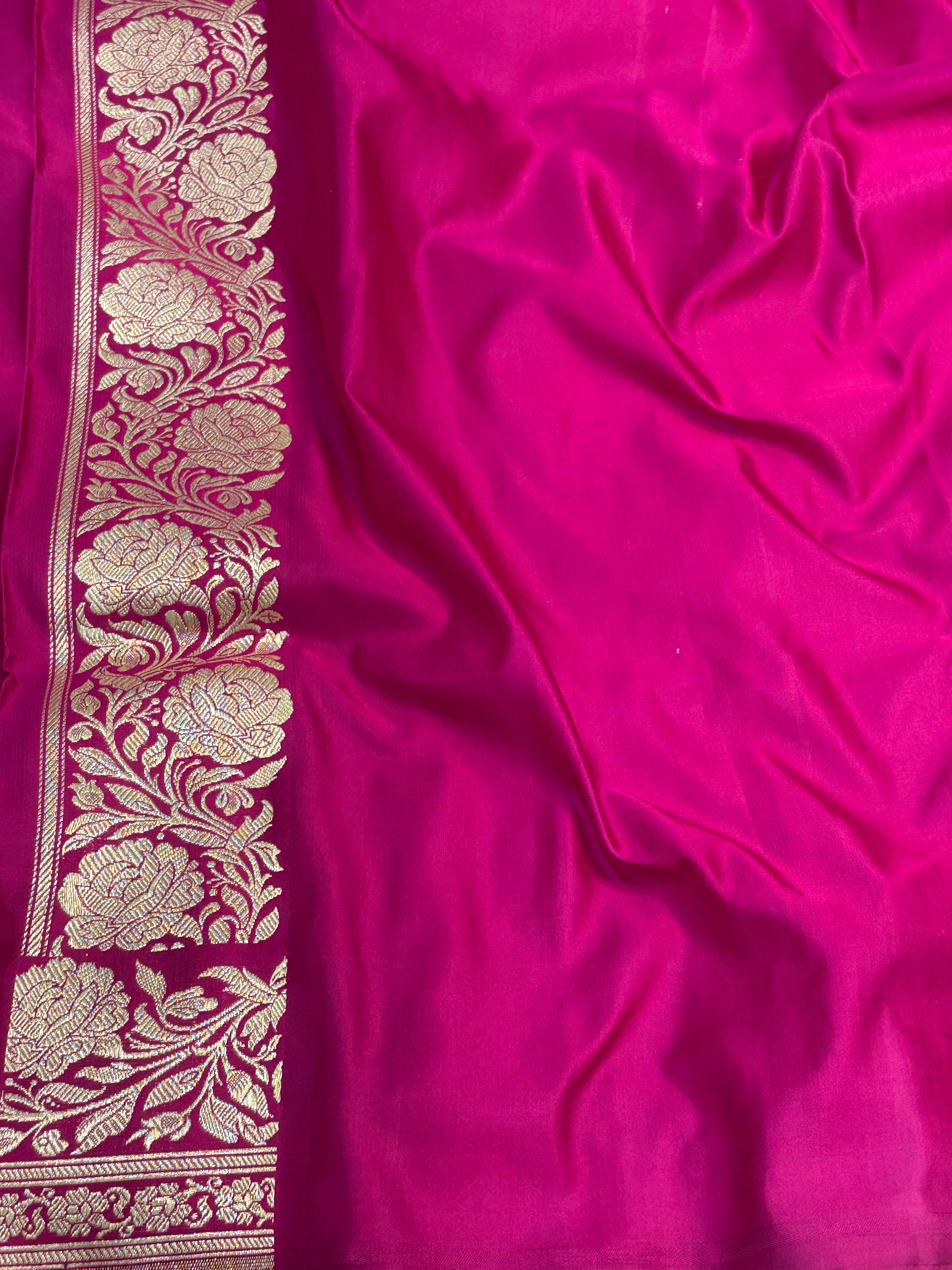 Rani Pink Meenakari Pure Satin Silk Handwoven Banarasi Saree with Golden Zari