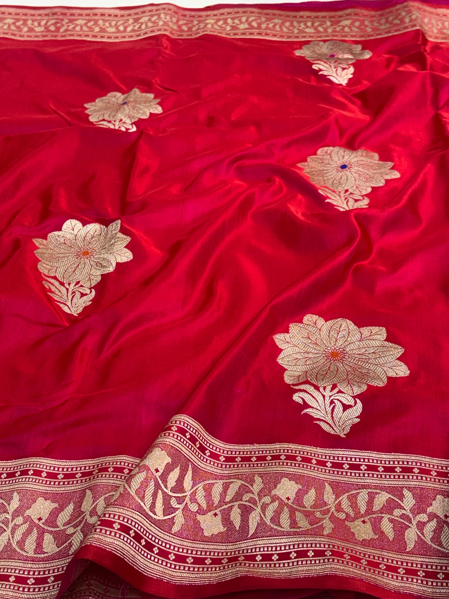 Ruby Red Pure Satin Silk Handwoven Banarasi Saree with Golden Zari Boota