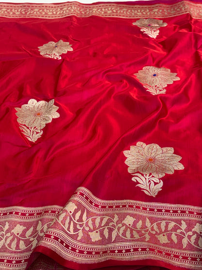 Ruby Red Pure Satin Silk Handwoven Banarasi Saree with Golden Zari Boota