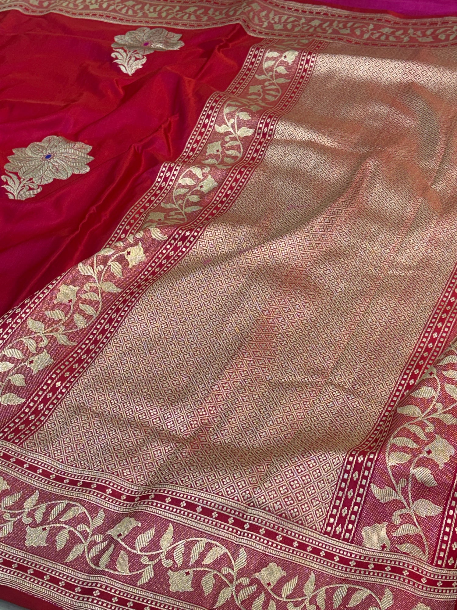Ruby Red Pure Satin Silk Handwoven Banarasi Saree with Golden Zari Boota