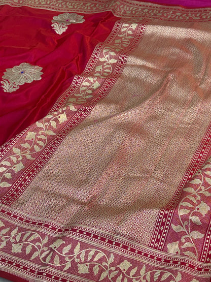 Ruby Red Pure Satin Silk Handwoven Banarasi Saree with Golden Zari Boota