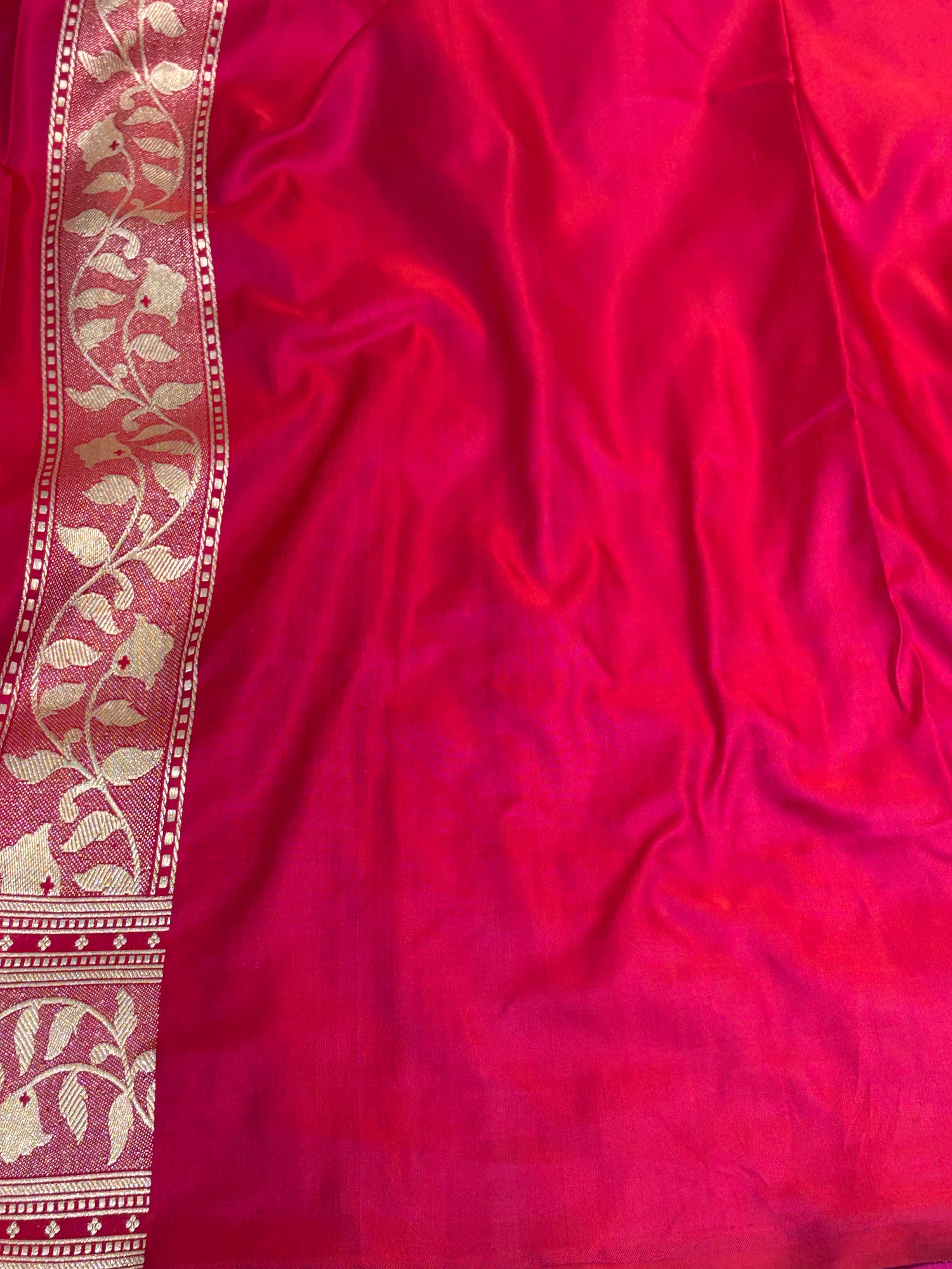 Ruby Red Pure Satin Silk Handwoven Banarasi Saree with Golden Zari Boota