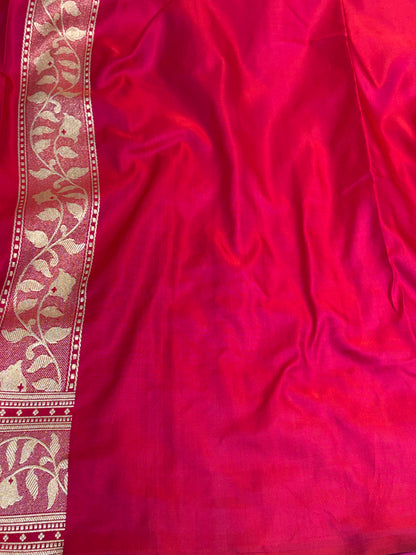 Ruby Red Pure Satin Silk Handwoven Banarasi Saree with Golden Zari Boota