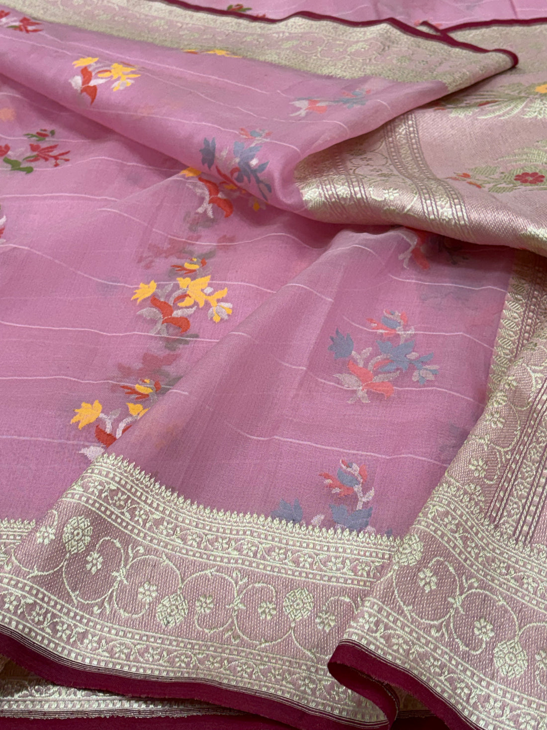Baby Pink Pure Kora Ektara Jamdani Boota Banarasi Saree with Golden Zari Border
