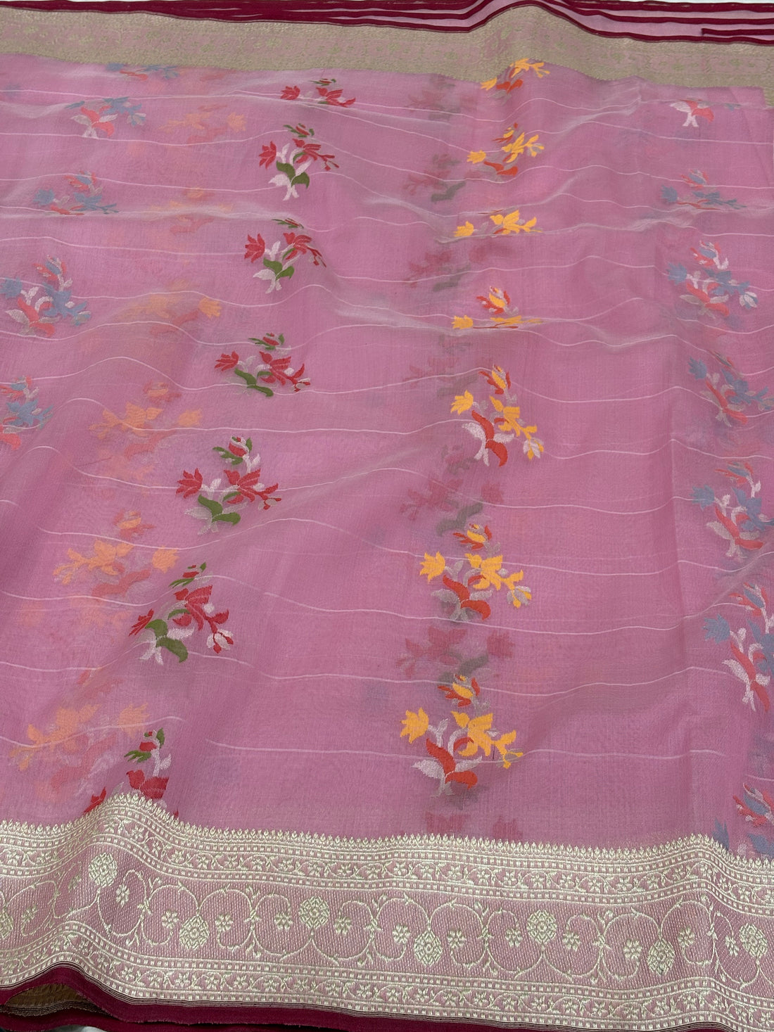 Baby Pink Pure Kora Ektara Jamdani Boota Banarasi Saree with Golden Zari Border