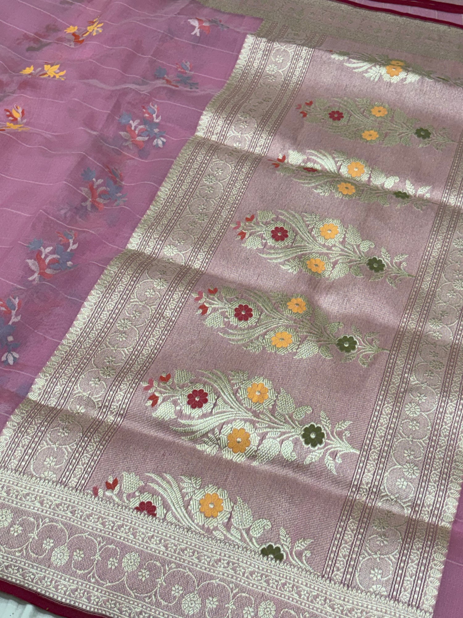 Baby Pink Pure Kora Ektara Jamdani Boota Banarasi Saree with Golden Zari Border