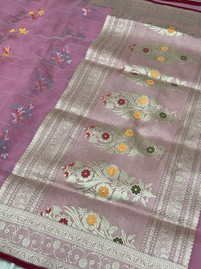 Baby Pink Pure Kora Ektara Jamdani Boota Banarasi Saree with Golden Zari Border