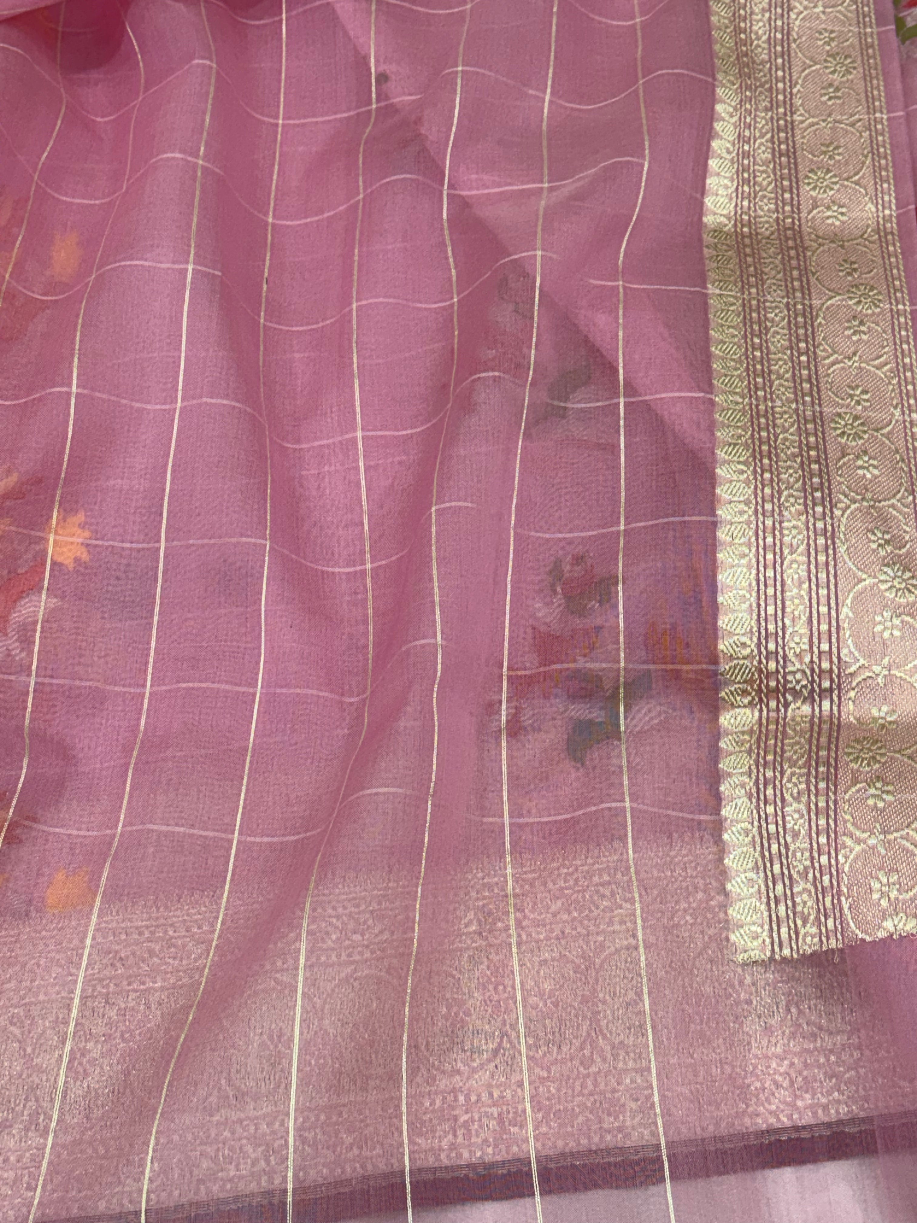 Baby Pink Pure Kora Ektara Jamdani Boota Banarasi Saree with Golden Zari Border