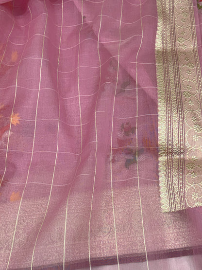 Baby Pink Pure Kora Ektara Jamdani Boota Banarasi Saree with Golden Zari Border