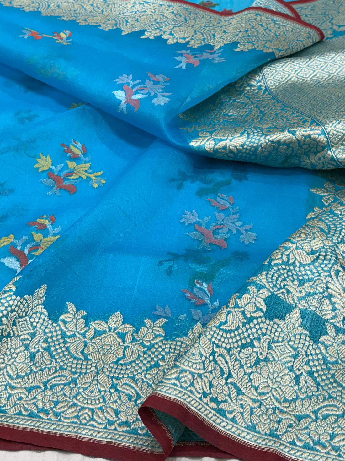 Blue Pure Kora Ektara Jamdani Boota Banarasi Saree with Golden Zari Border