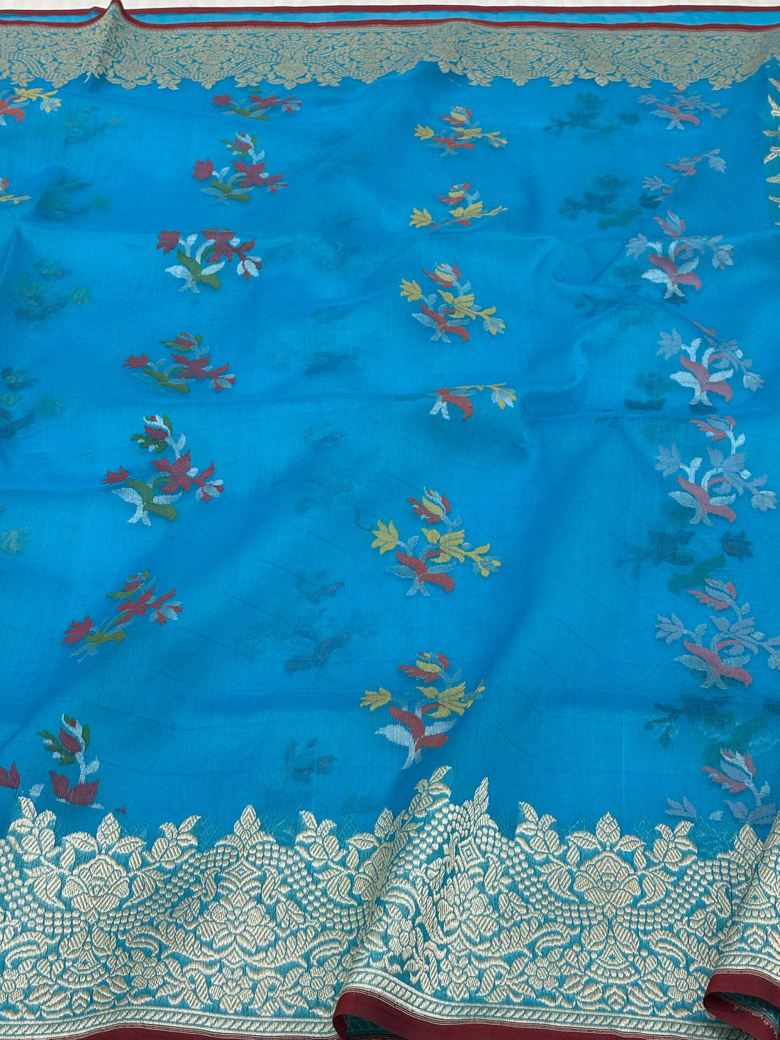 Blue Pure Kora Ektara Jamdani Boota Banarasi Saree with Golden Zari Border
