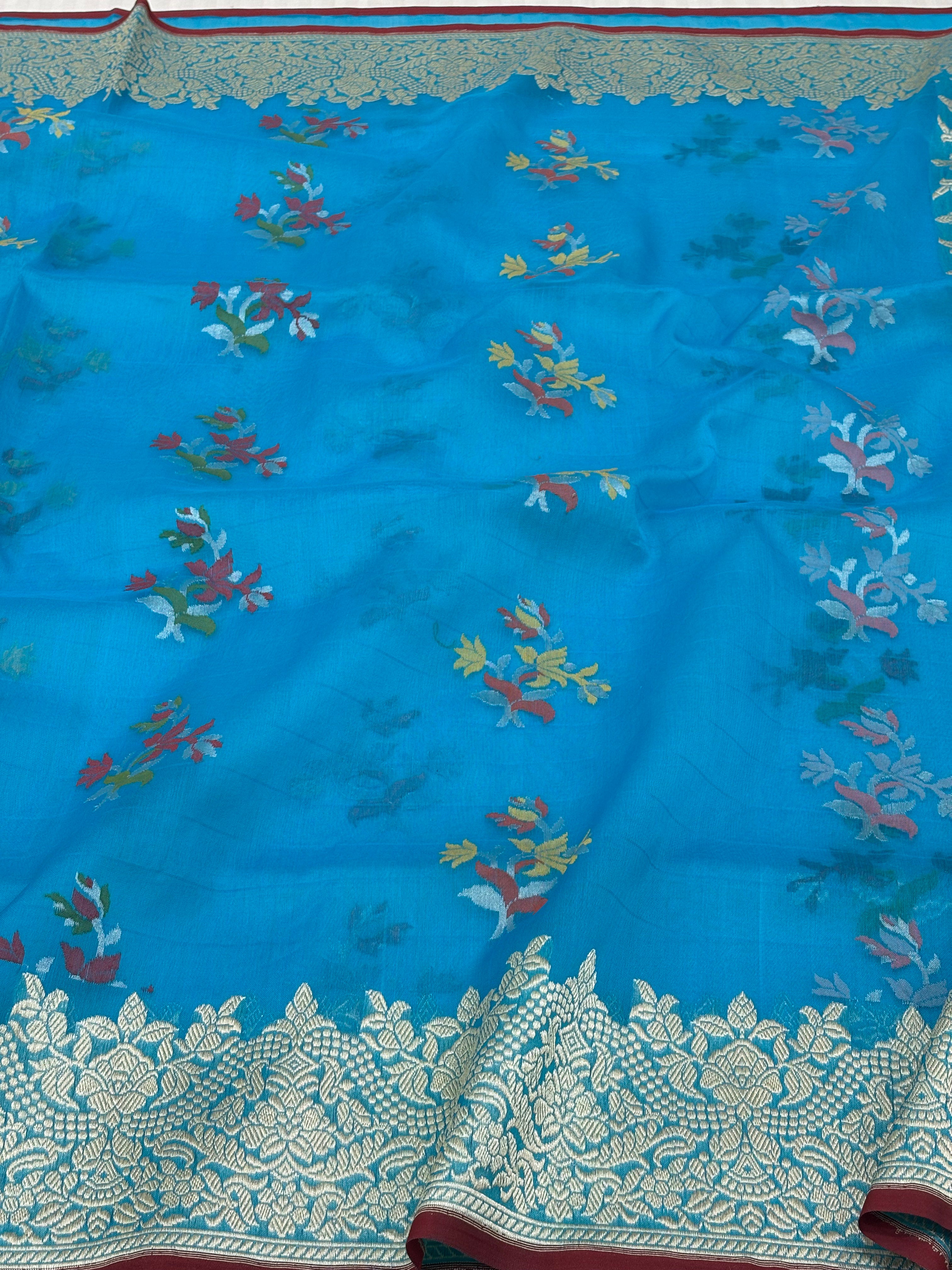 Blue Pure Kora Ektara Jamdani Boota Banarasi Saree with Golden Zari Border