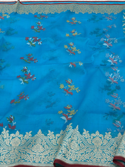 Blue Pure Kora Ektara Jamdani Boota Banarasi Saree with Golden Zari Border