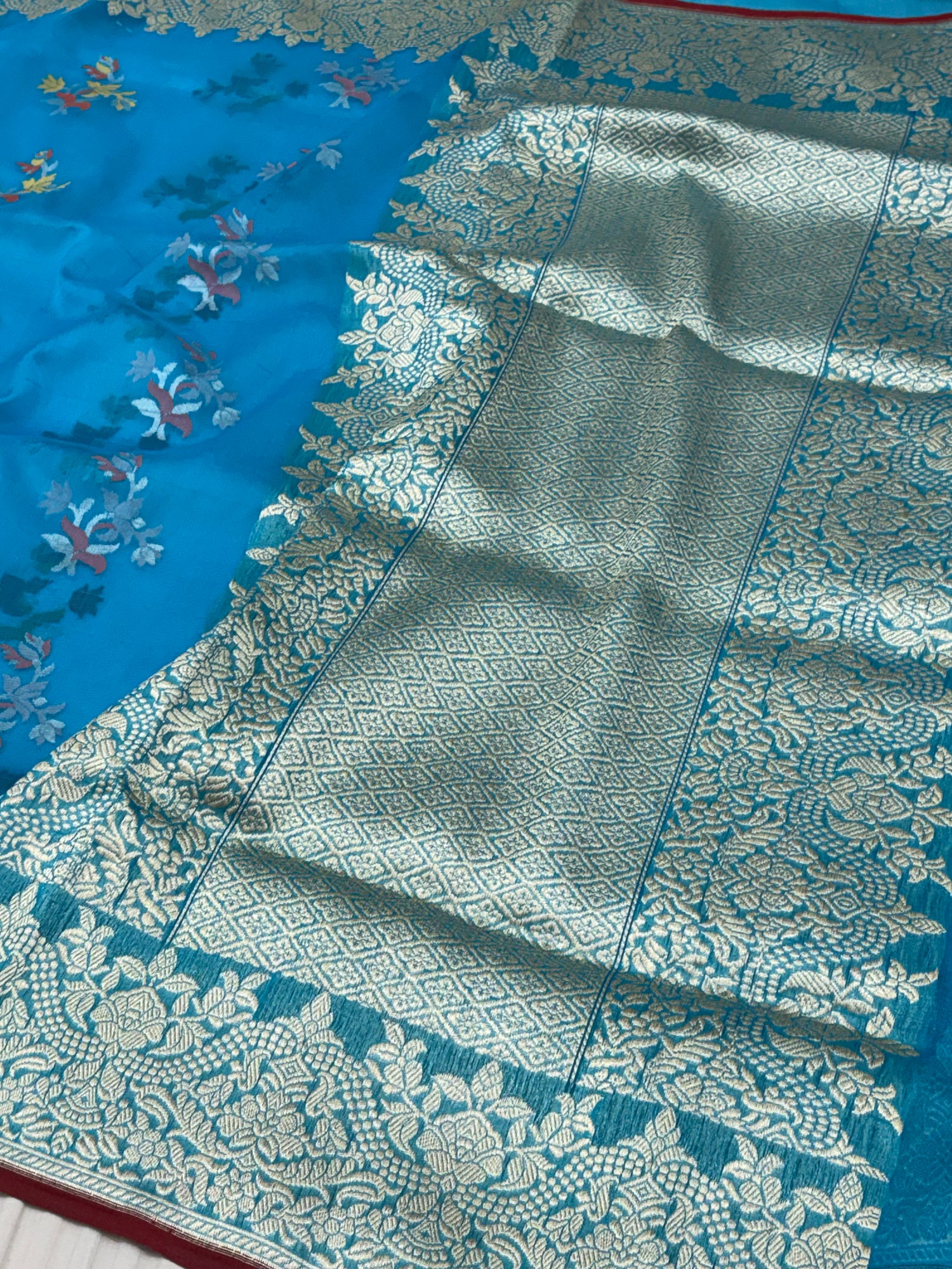 Blue Pure Kora Ektara Jamdani Boota Banarasi Saree with Golden Zari Border