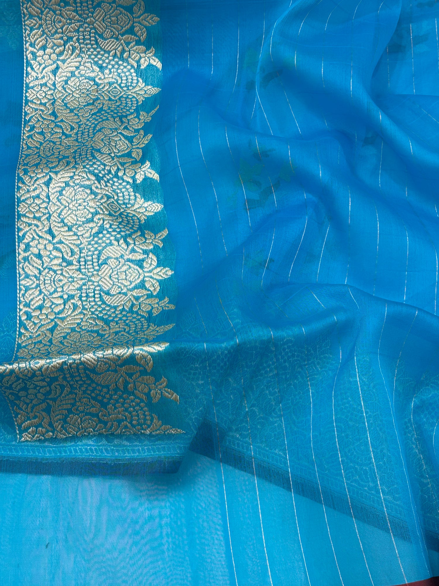 Blue Pure Kora Ektara Jamdani Boota Banarasi Saree with Golden Zari Border