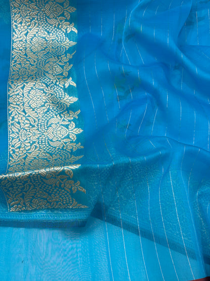 Blue Pure Kora Ektara Jamdani Boota Banarasi Saree with Golden Zari Border