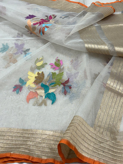 Ivory White Pure Tissue Banarasi Saree with Multicolor Jamdani Boota