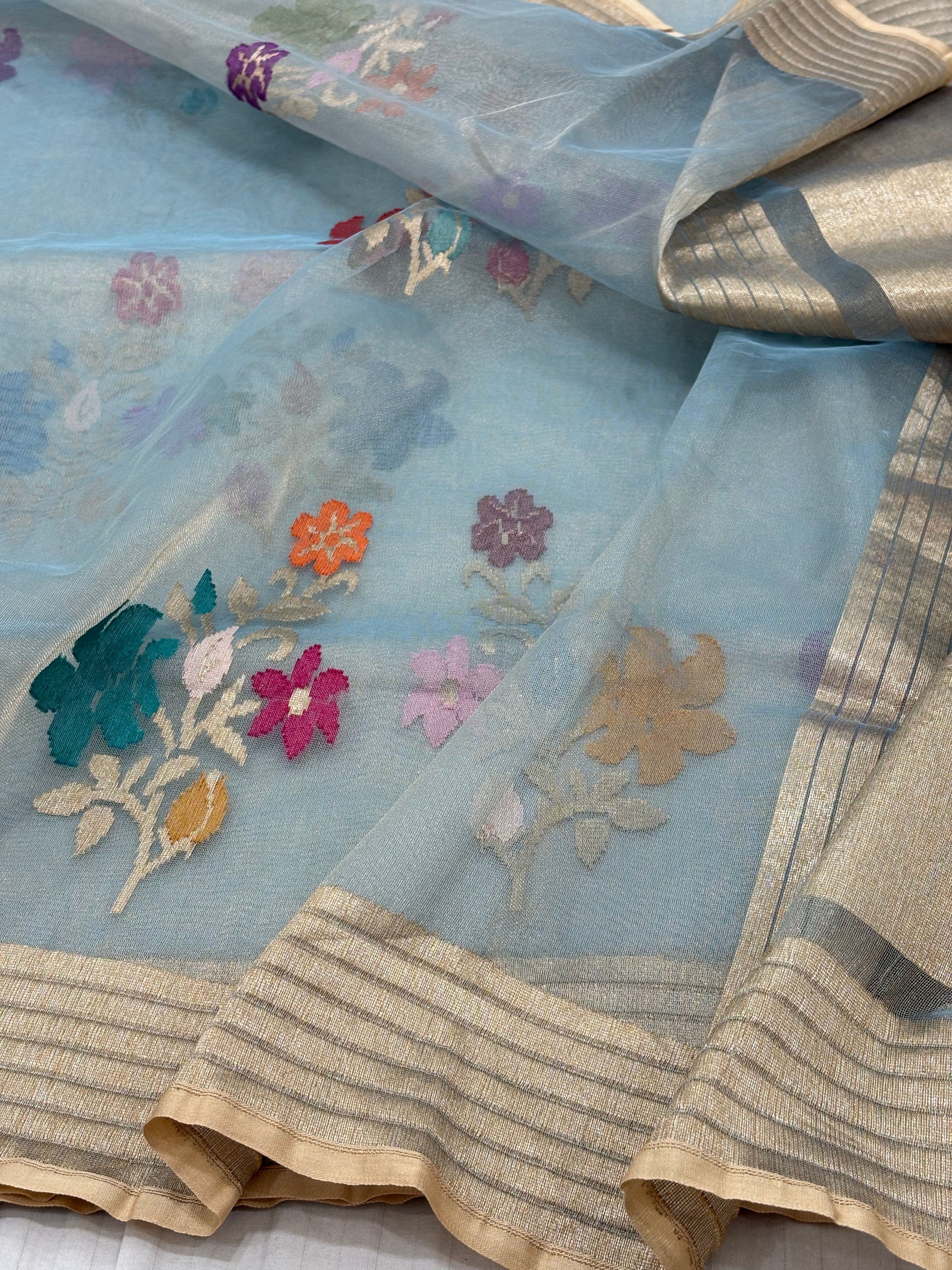 Teal Blue Pure Tissue Silk Banarasi Saree with Jamdani Minakari Boota