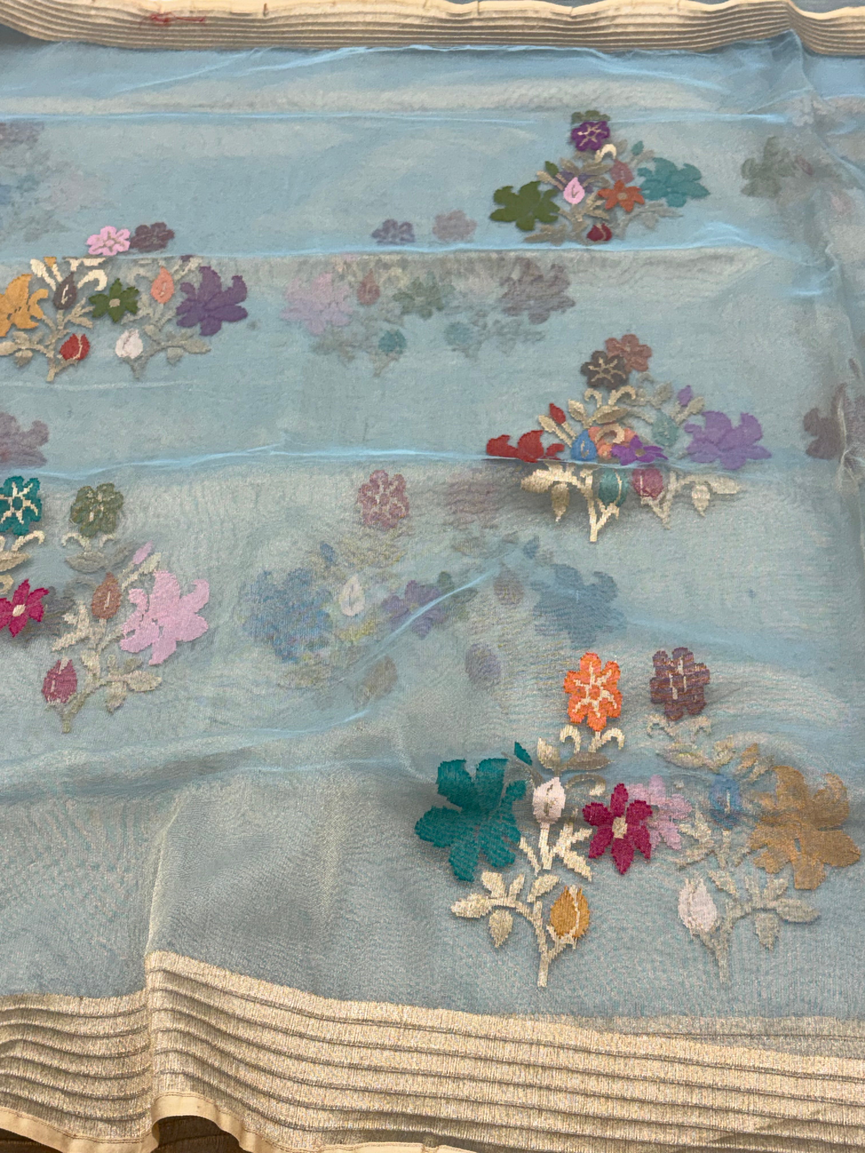 Teal Blue Pure Tissue Silk Banarasi Saree with Jamdani Minakari Boota