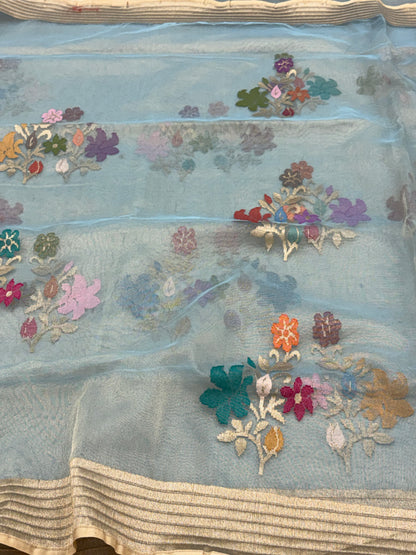 Teal Blue Pure Tissue Silk Banarasi Saree with Jamdani Minakari Boota