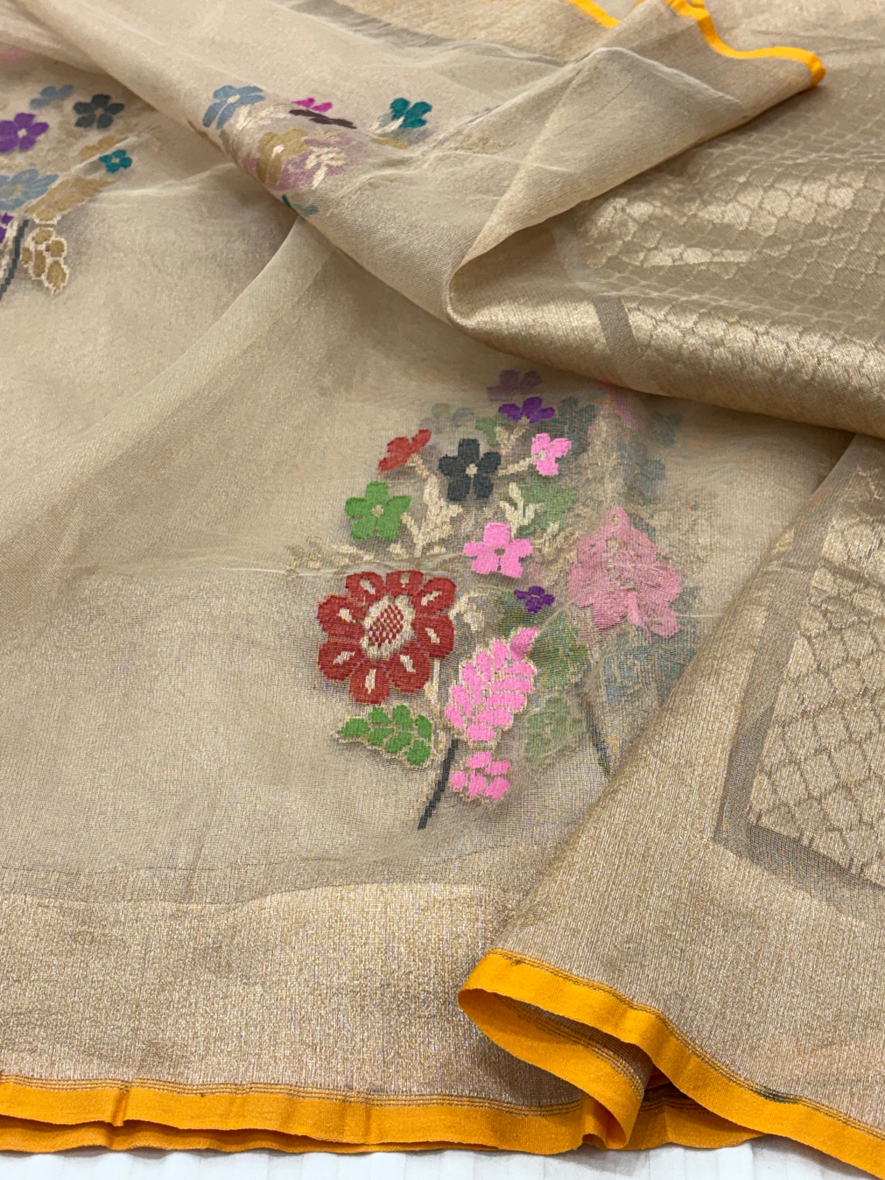 Golden Pure Tissue Banarasi Saree with Multicolor Jamdani Boota