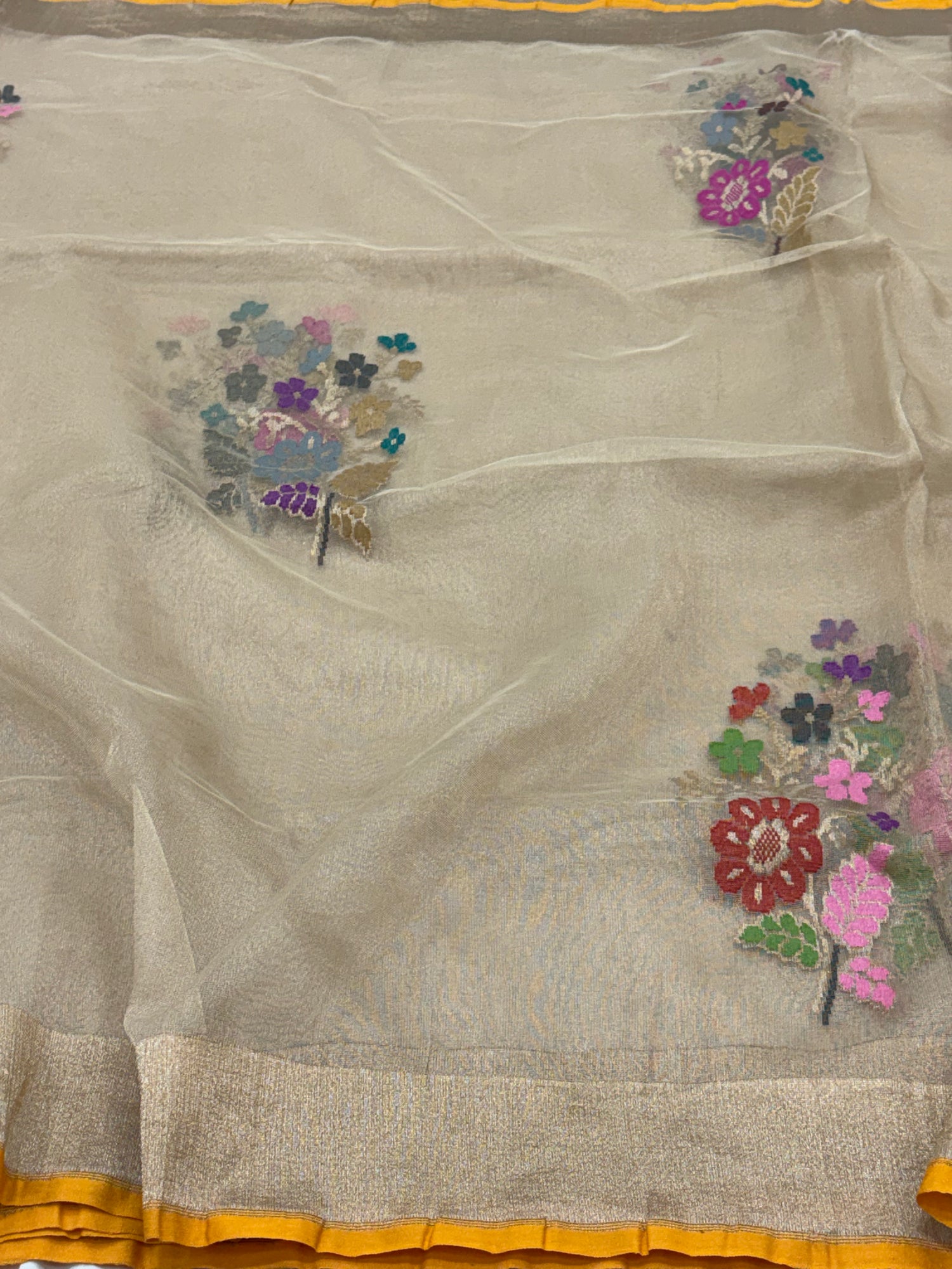 Golden Pure Tissue Banarasi Saree with Multicolor Jamdani Boota