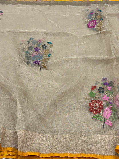Golden Pure Tissue Banarasi Saree with Multicolor Jamdani Boota