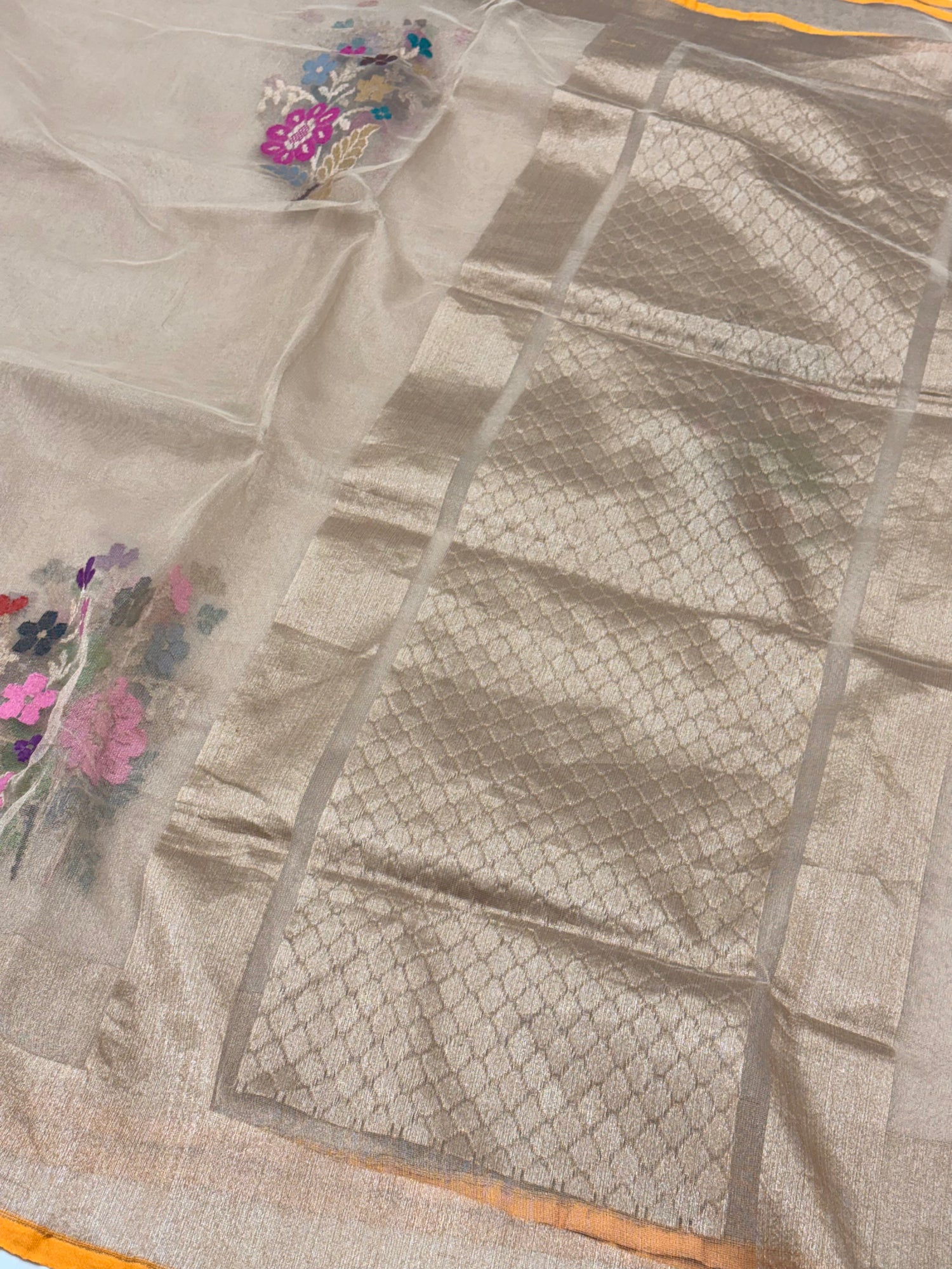 Golden Pure Tissue Banarasi Saree with Multicolor Jamdani Boota