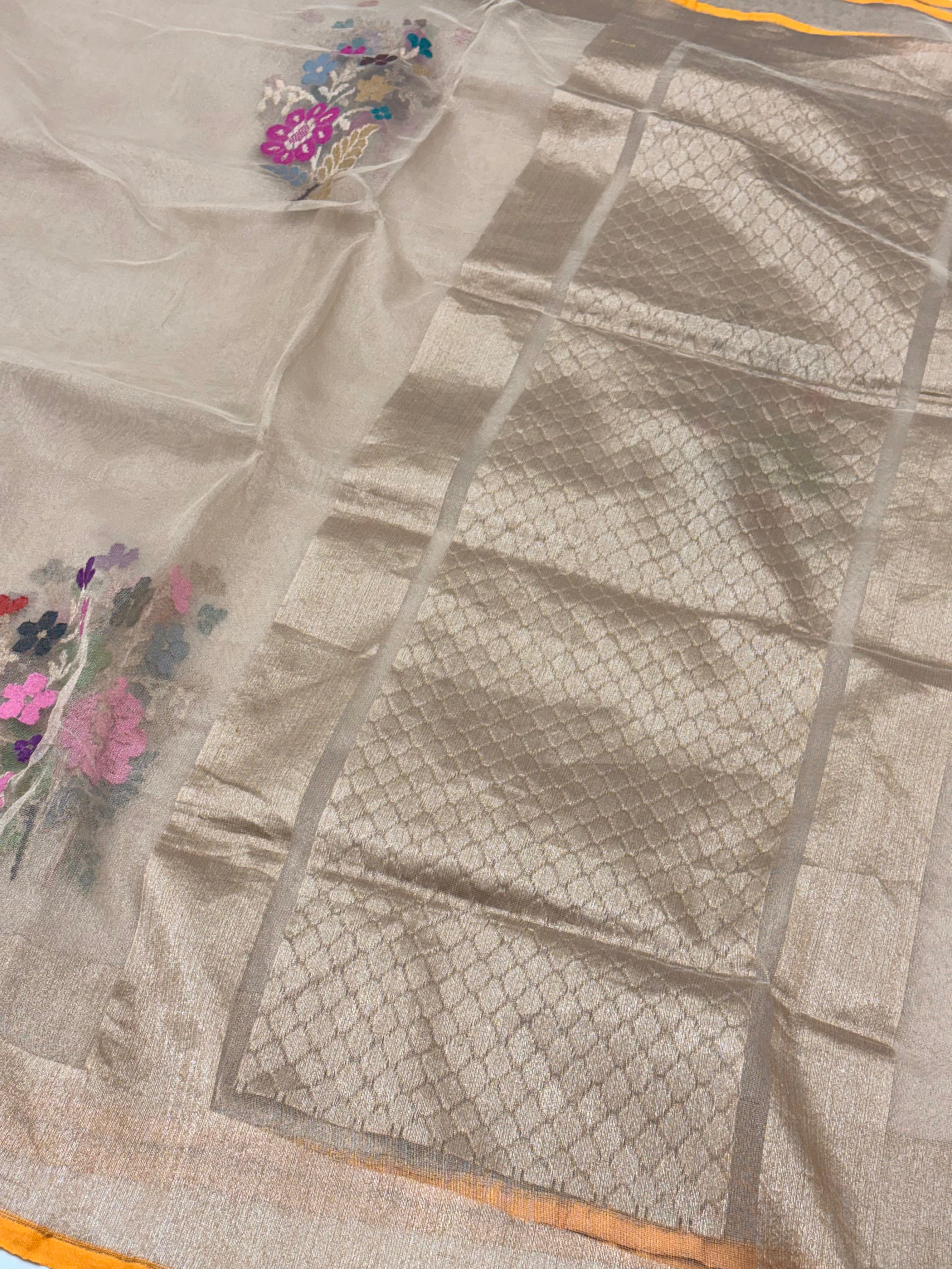 Golden Pure Tissue Banarasi Saree with Multicolor Jamdani Boota