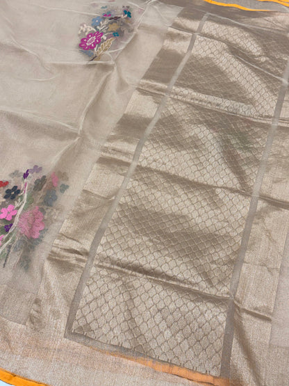 Golden Pure Tissue Banarasi Saree with Multicolor Jamdani Boota