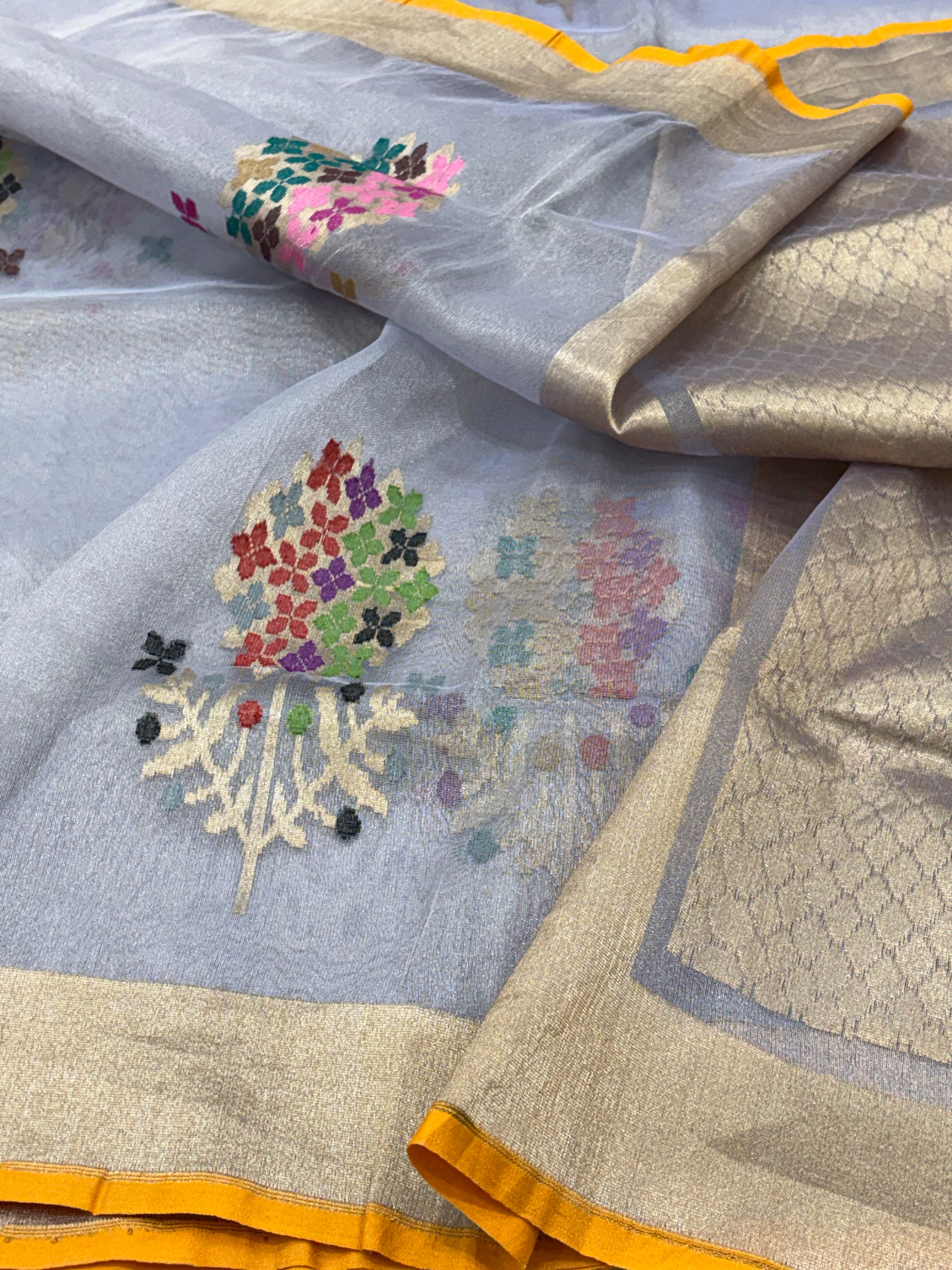 Grey Pure Tissue Banarasi Saree with Meenakari Jamdani Boota