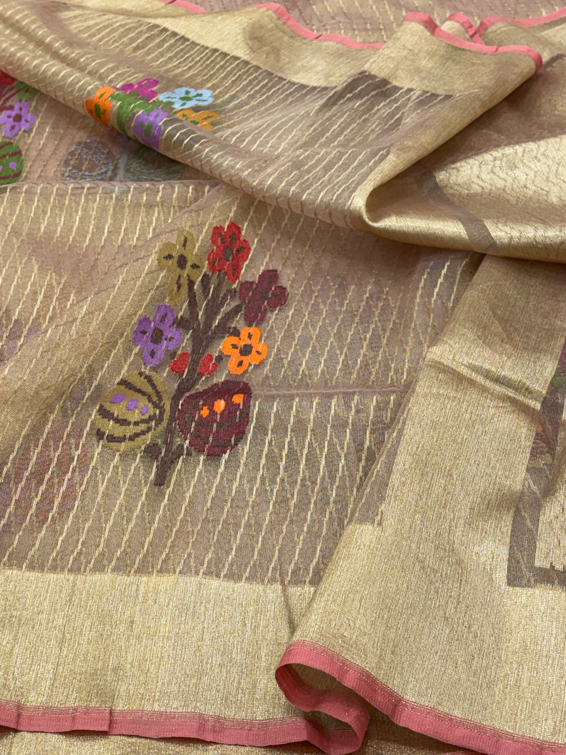 Striped Pure Tissue Banarasi Saree with Multicolor Jamdani Boota