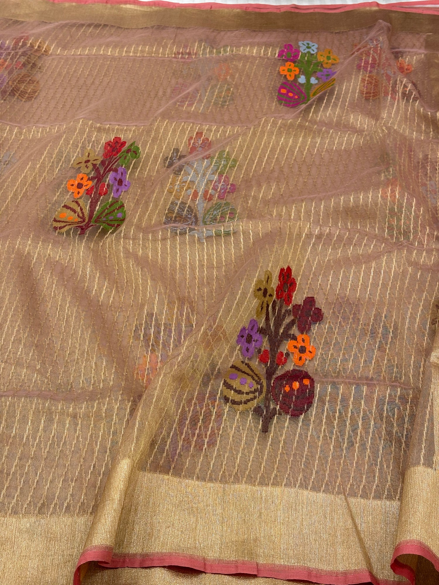 Striped Pure Tissue Banarasi Saree with Multicolor Jamdani Boota