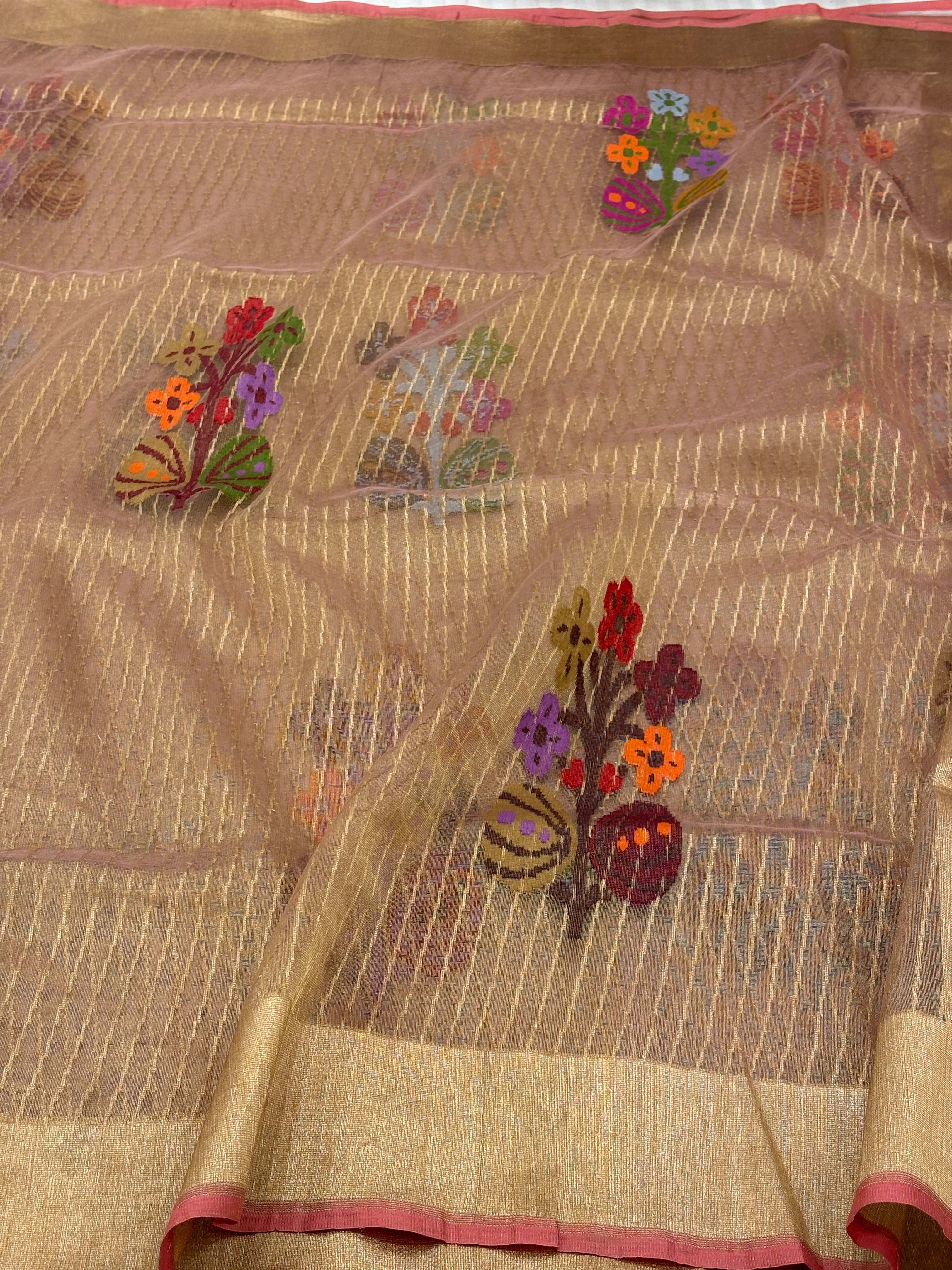 Striped Pure Tissue Banarasi Saree with Multicolor Jamdani Boota