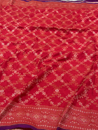 Red Pure Katan Silk Ektara Jamdani Banarasi Saree in Rupa Sona Weaving