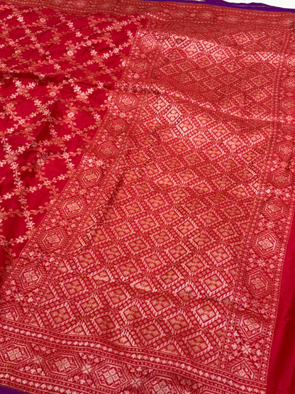 Red Pure Katan Silk Ektara Jamdani Banarasi Saree in Rupa Sona Weaving