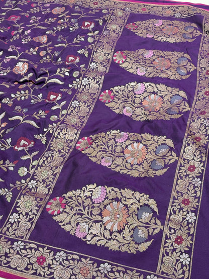 Purple Pure Katan Silk Ektara Meenakari Jamdani Banarasi Saree