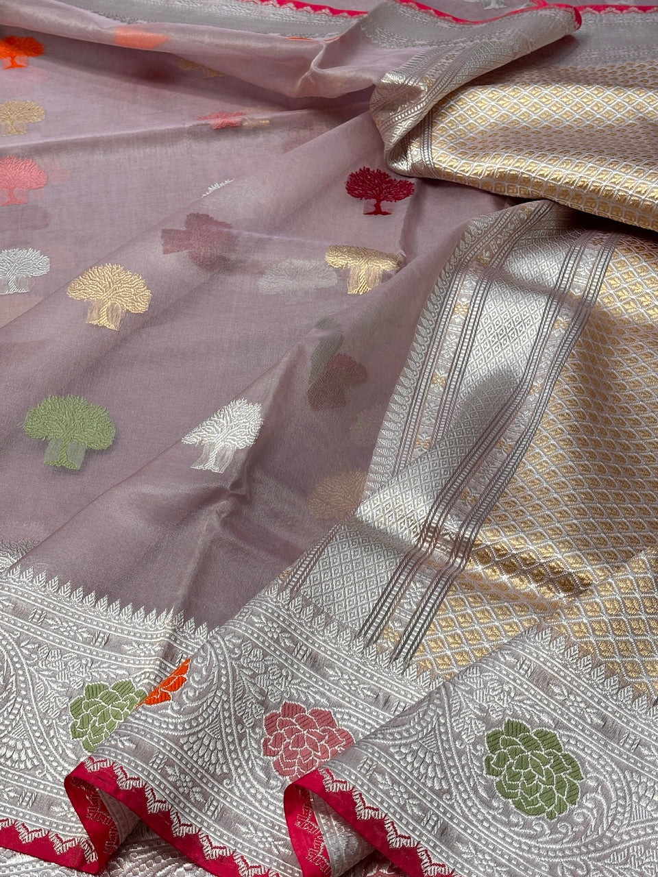 Elegant Mauve Grey Banarasi Kora Silk Handwoven Saree