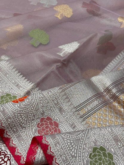 Elegant Mauve Grey Banarasi Kora Silk Handwoven Saree