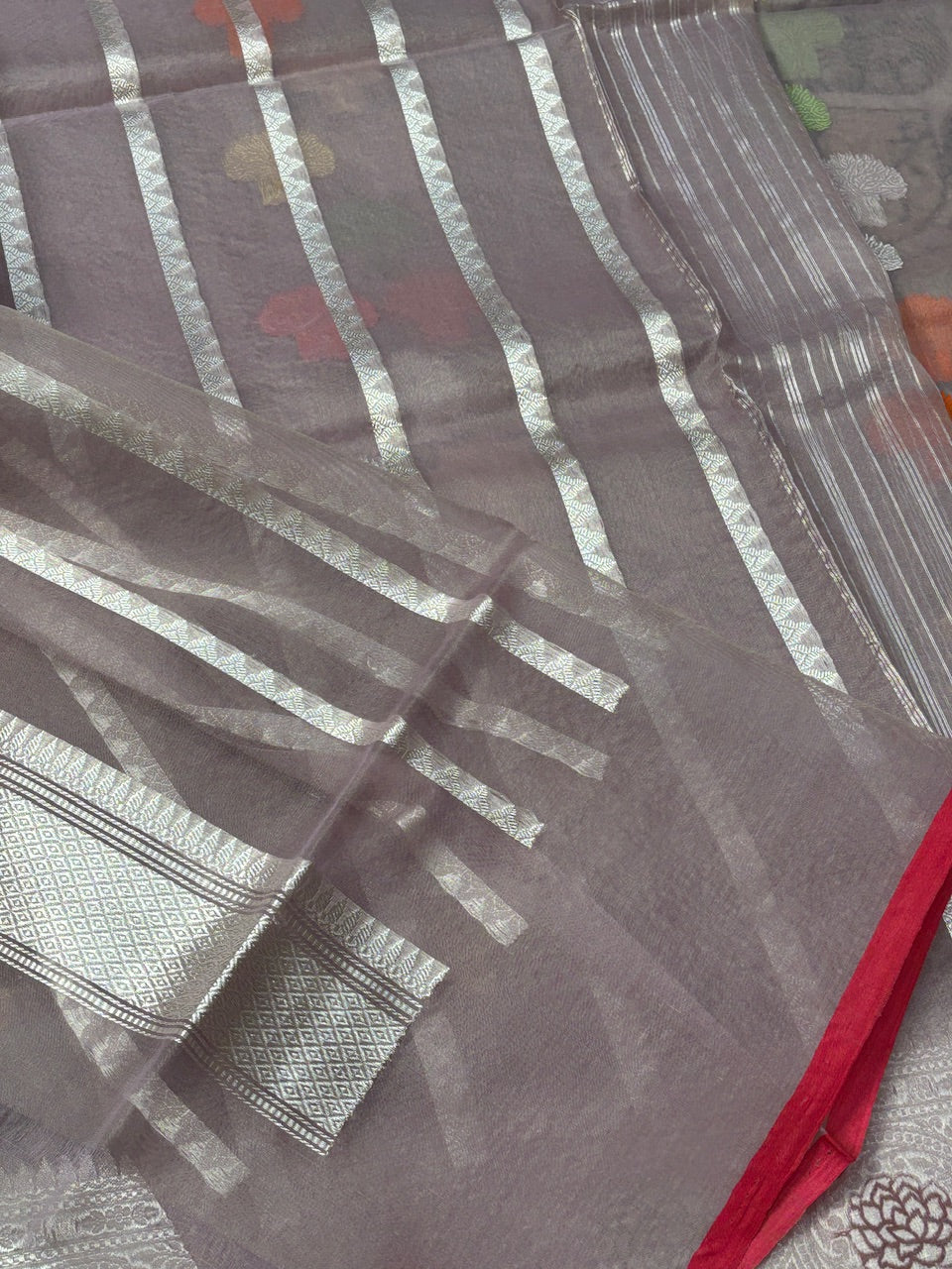 Elegant Mauve Grey Banarasi Kora Silk Handwoven Saree
