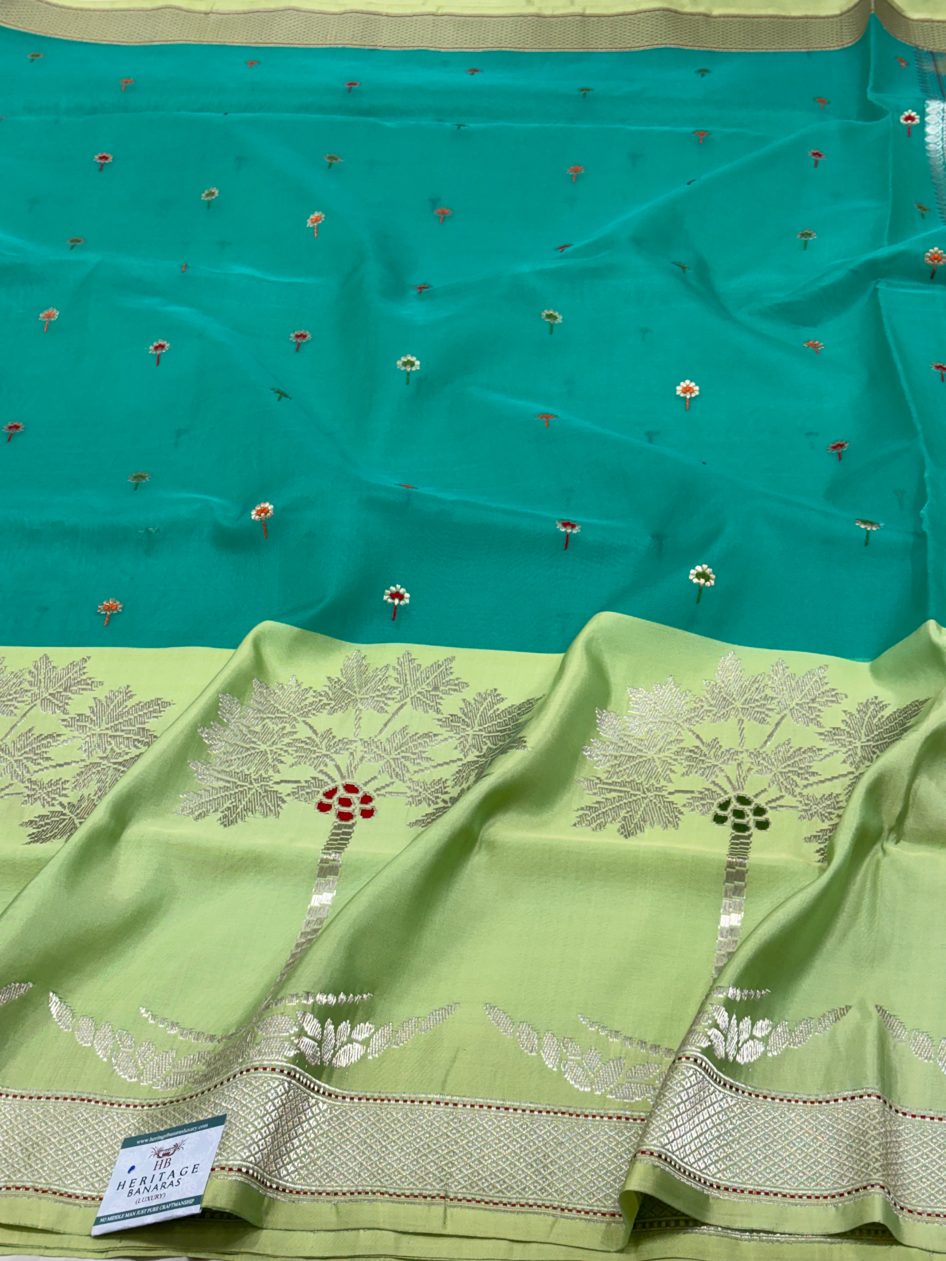 Green Pure Kora Ektara Banarasi Saree with Katan Silk Kadhial Palm Tree Border