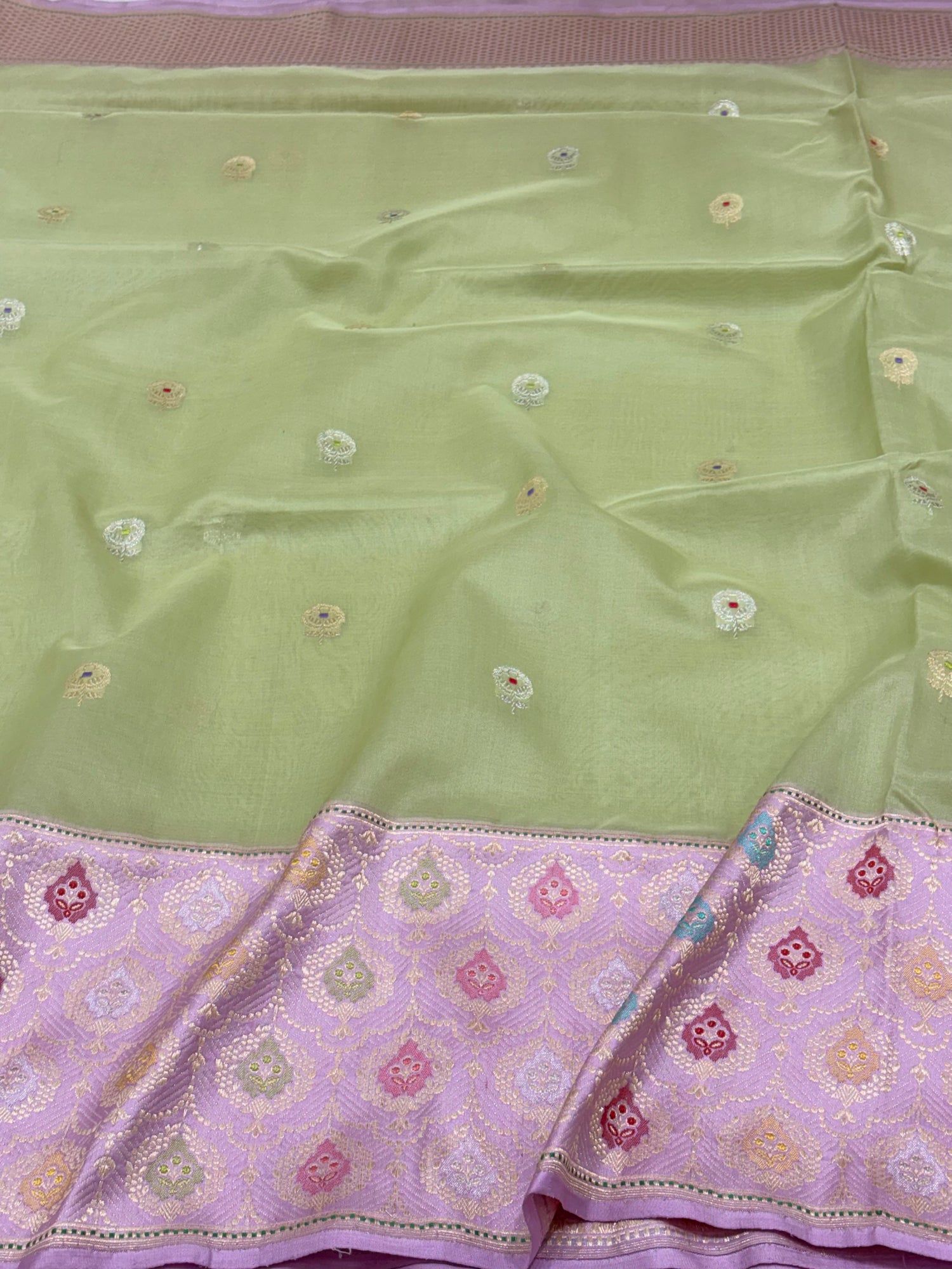 Parrot Green Pure Kora Ektara Handwoven Banarasi Saree with Lavender Katan Silk Border