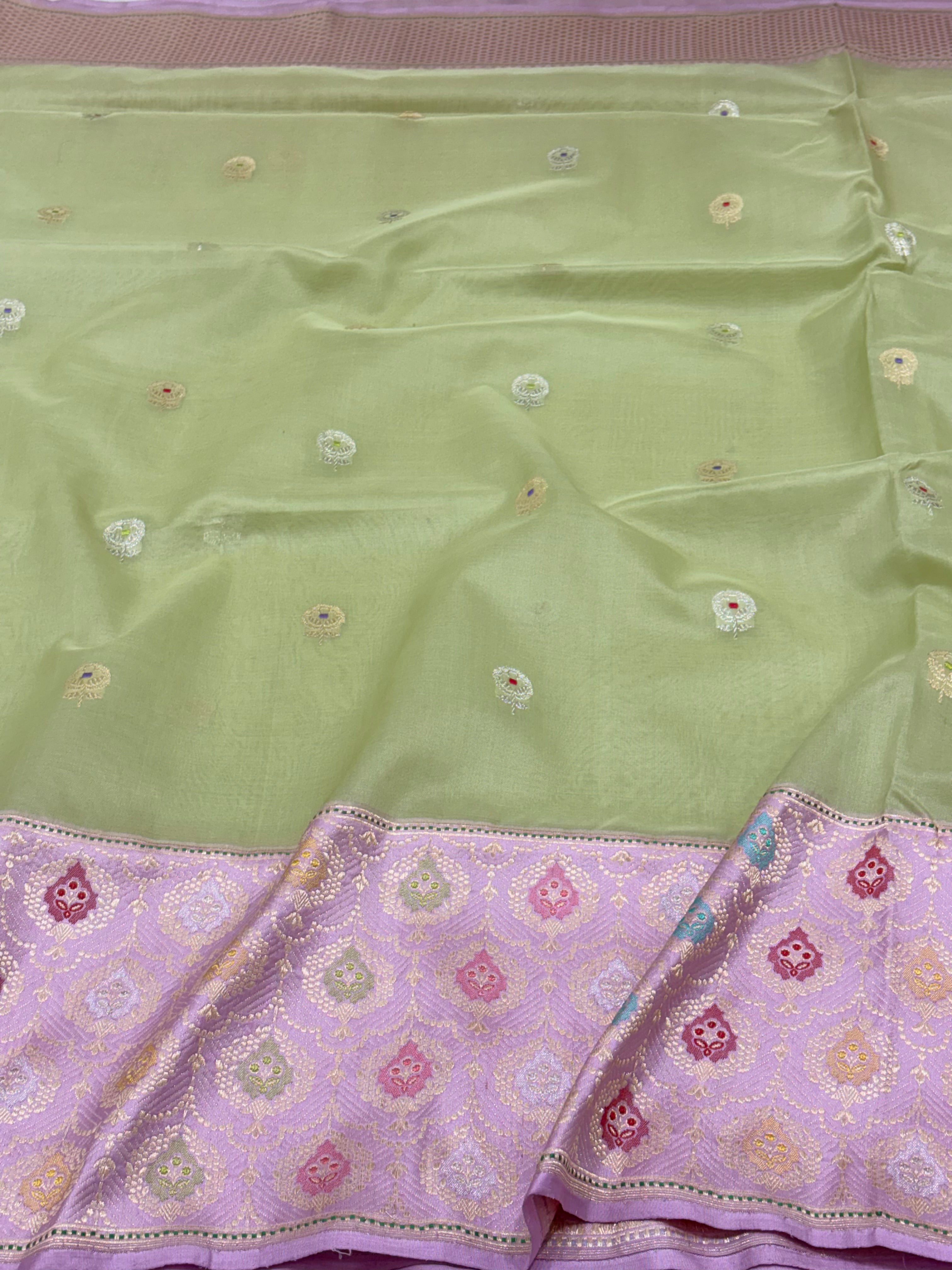 Parrot Green Pure Kora Ektara Handwoven Banarasi Saree with Lavender Katan Silk Border
