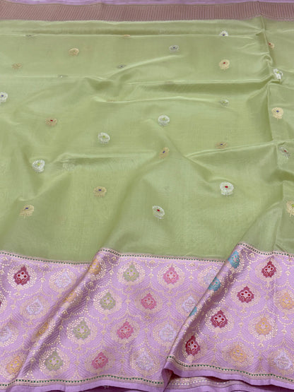 Parrot Green Pure Kora Ektara Handwoven Banarasi Saree with Lavender Katan Silk Border