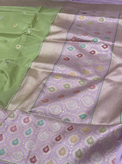 Parrot Green Pure Kora Ektara Handwoven Banarasi Saree with Lavender Katan Silk Border