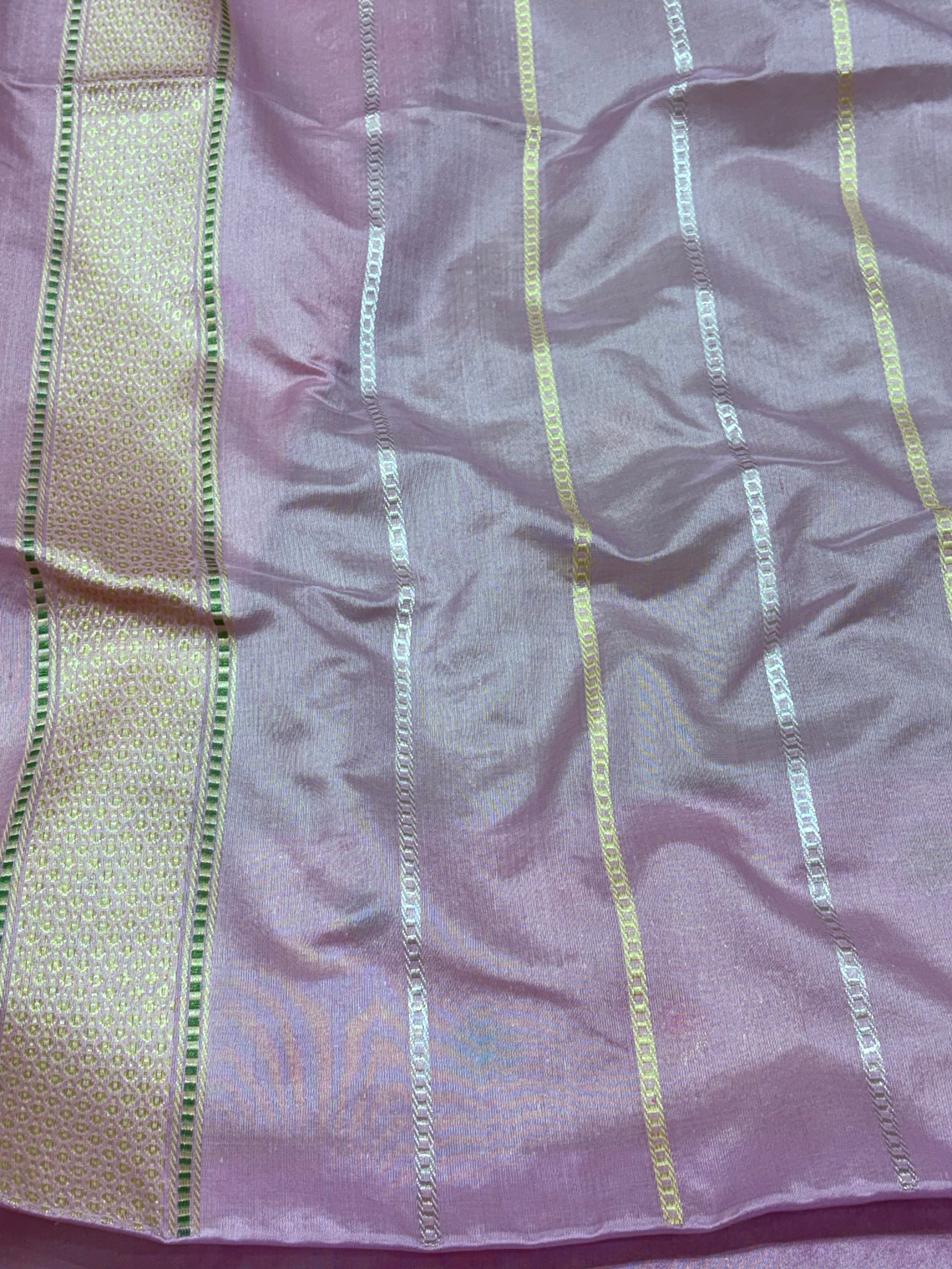 Parrot Green Pure Kora Ektara Handwoven Banarasi Saree with Lavender Katan Silk Border
