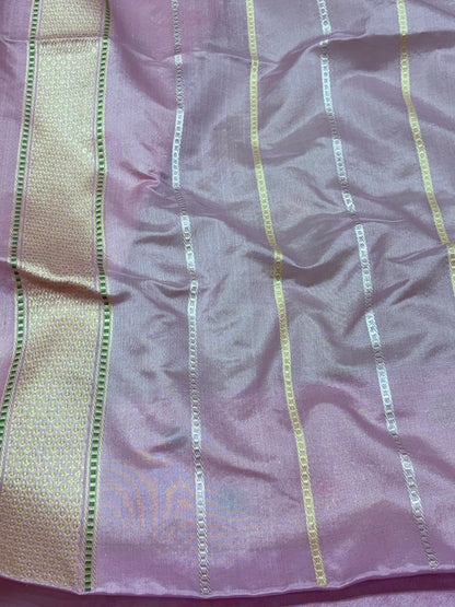 Parrot Green Pure Kora Ektara Handwoven Banarasi Saree with Lavender Katan Silk Border