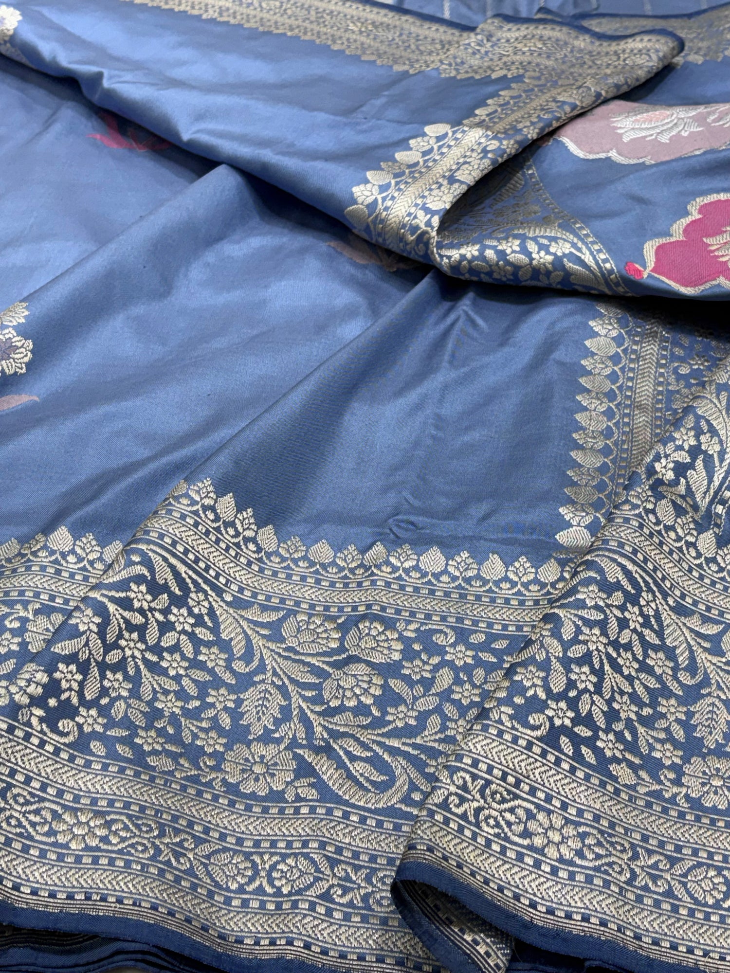 Steel Grey Pure Katan Silk Ektara Banarasi Saree with Big Border