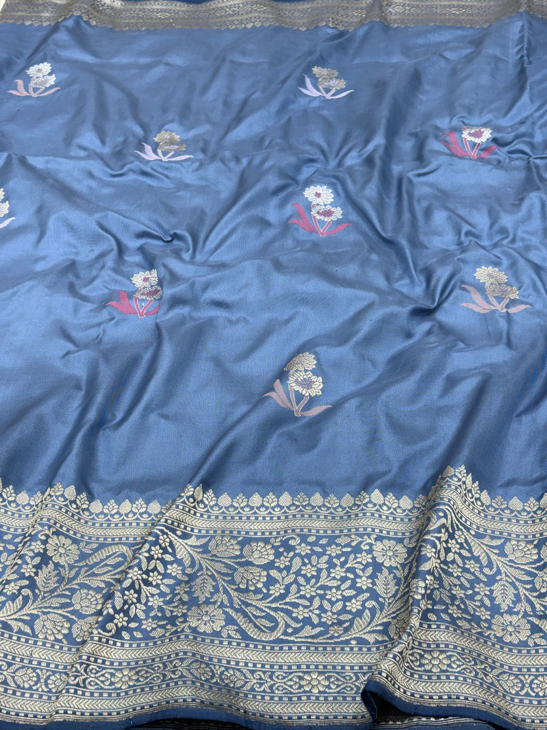 Steel Grey Pure Katan Silk Ektara Banarasi Saree with Big Border