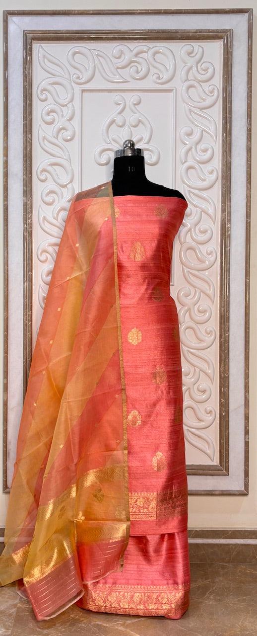 Peach-Pink Banarasi Raw Silk Suit